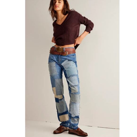 New FREE PEOPLE We The Free Bare With Me Jeans $298 SIZE 25 PATCHWORK DENIM - Picture 2 of 6